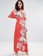 Liquorish Floral Print Frill Sleeve Maxi Dress - Red
