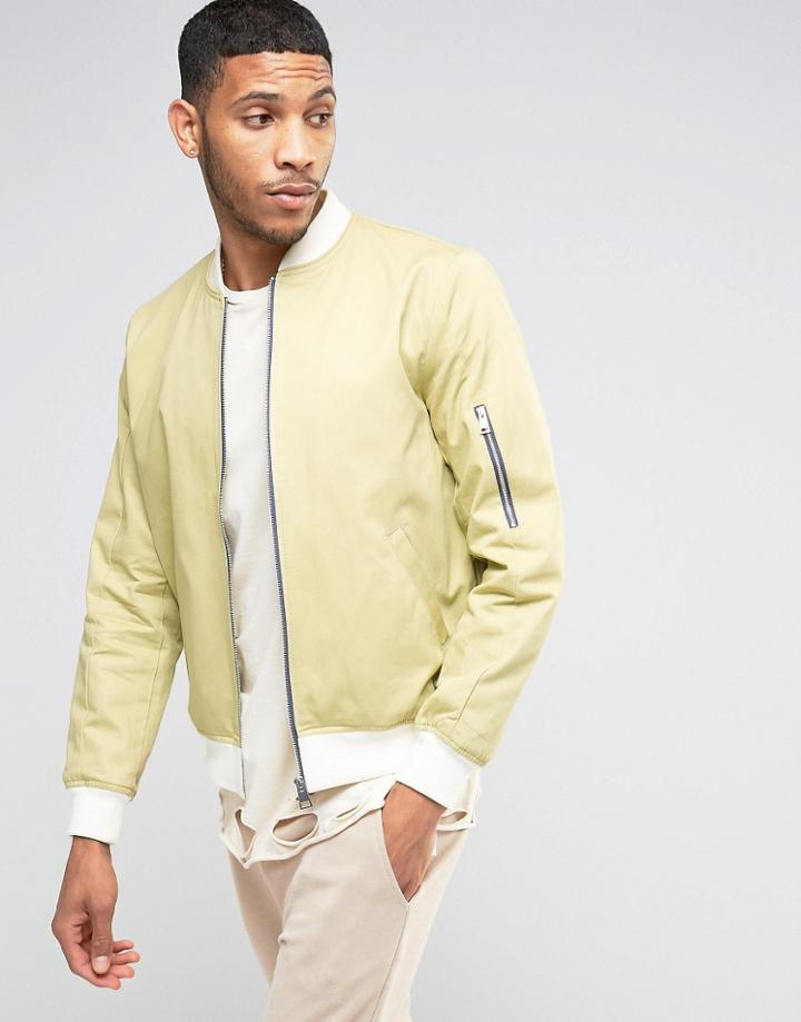 Asos Bomber Jacket With Sleeve Zip In Buttermilk With Ecru Rib - Stone