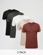 Asos 5 Pack Muscle Polo Shirt - Multi