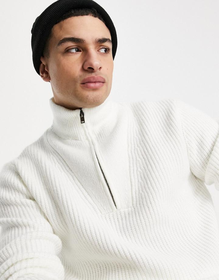 Pull & Bear Half Zip Knit Sweater In White