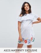 Asos Maternity Striped Dress With Embroidered Hem - Blue