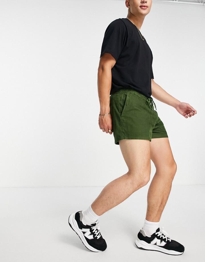 Asos Design Skinny Shorter Shorts In Dark Khaki Cord-green