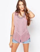 Brave Soul Denim Wash Sleeveless Shirt With Embroidered Detail - Antique Rose