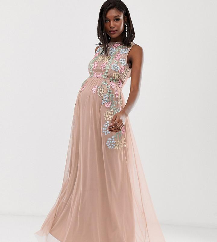 Maya Maternity All Over Embroidered Maxi Dress In Pink Multi - Multi