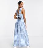 Asos Design Petite Smock Tie Back Jumpsuit In Blue Gingham-multi
