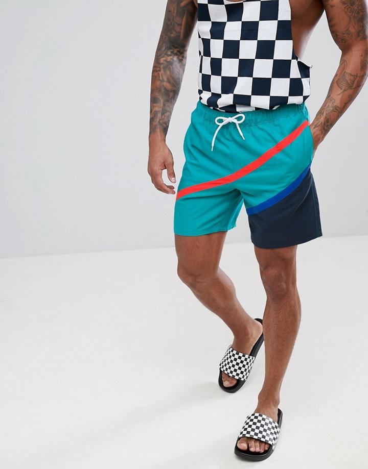Asos Design Swim Shorts With Diagonal Stripes Mid Length - Blue