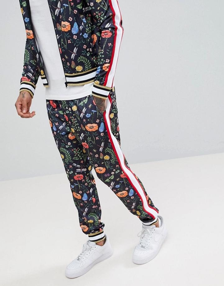 Jaded London Printed Floral Skinny Joggers With Side Stripes - Black