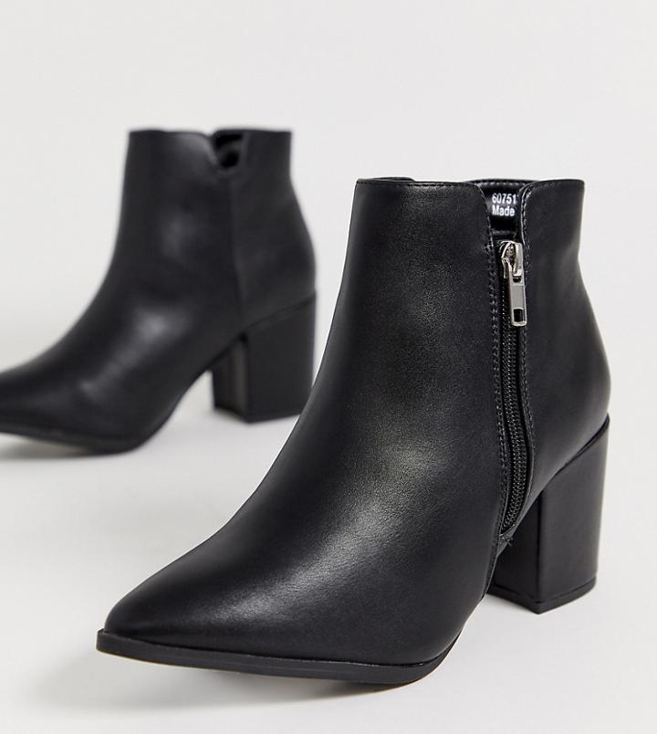 New Look Wide Fit Pu Pointed Heeled Boot In Black - Black