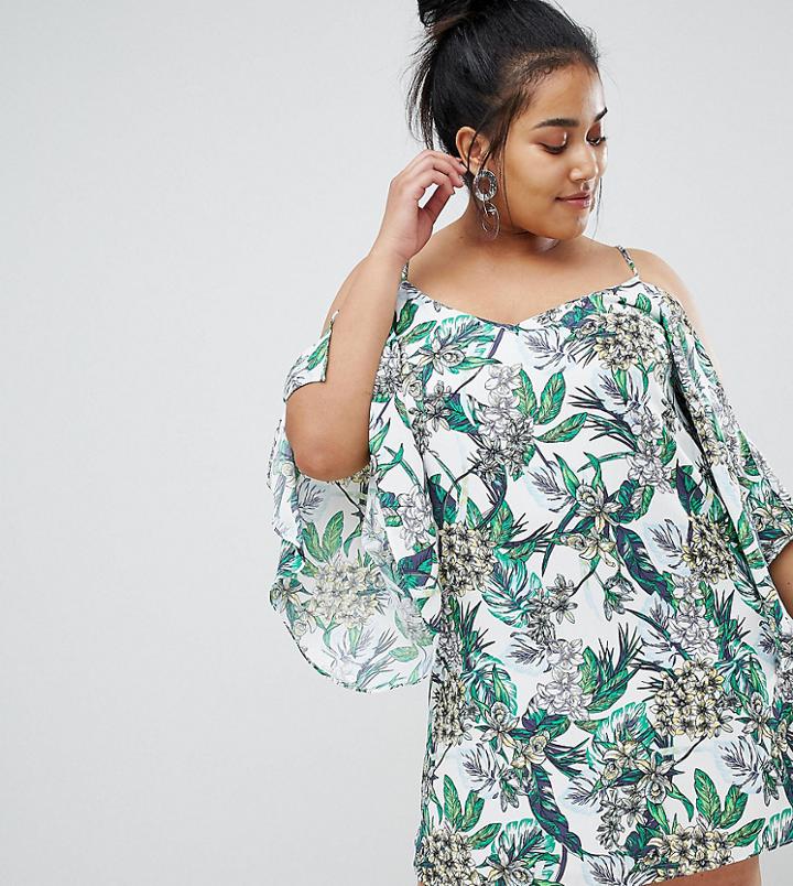 River Island Plus Floral Print Cold Shoulder Cami Dress - Cream