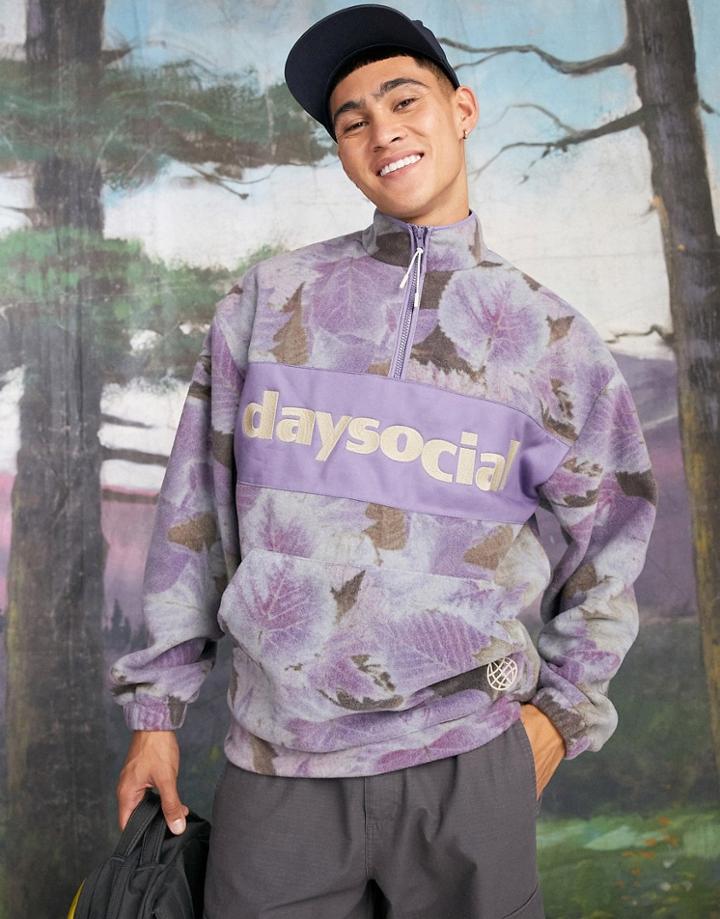 Asos Daysocial Oversized Quarter Zip Sweatshirt In Polar Fleece With All Over Leaf Print And Logo In Purple
