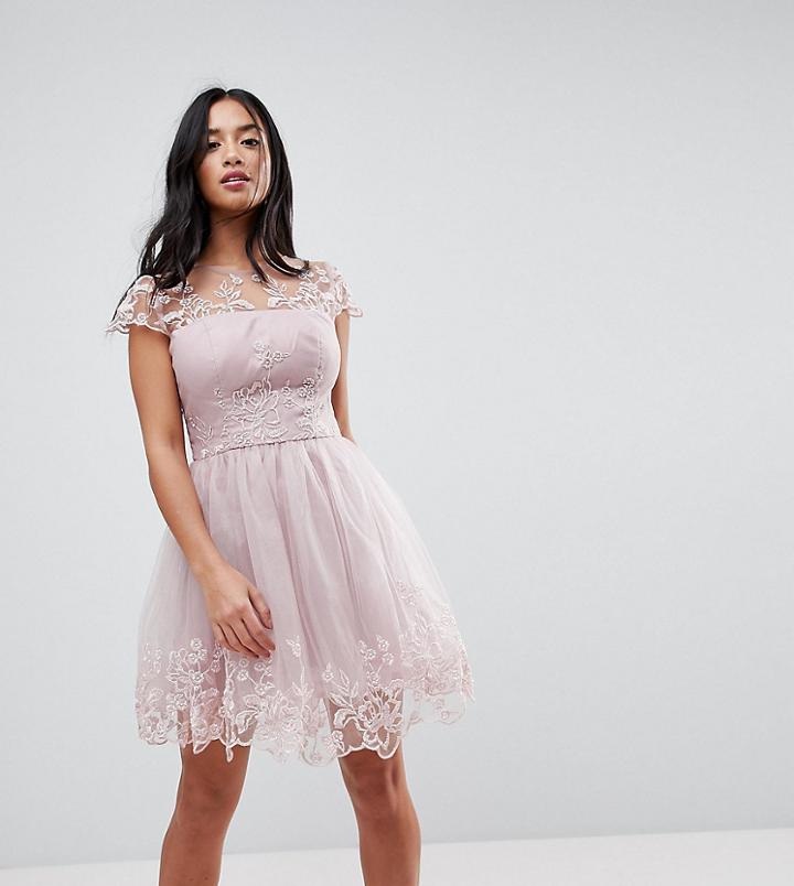 Chi Chi London Petite Premium Lace Midi Prom Dress With Lace Neck-brown