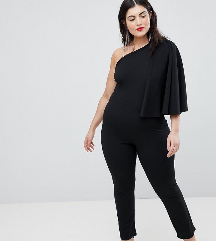 Club L Plus One Shoulder Cape Sleeve Detailed Jumpsuit-black