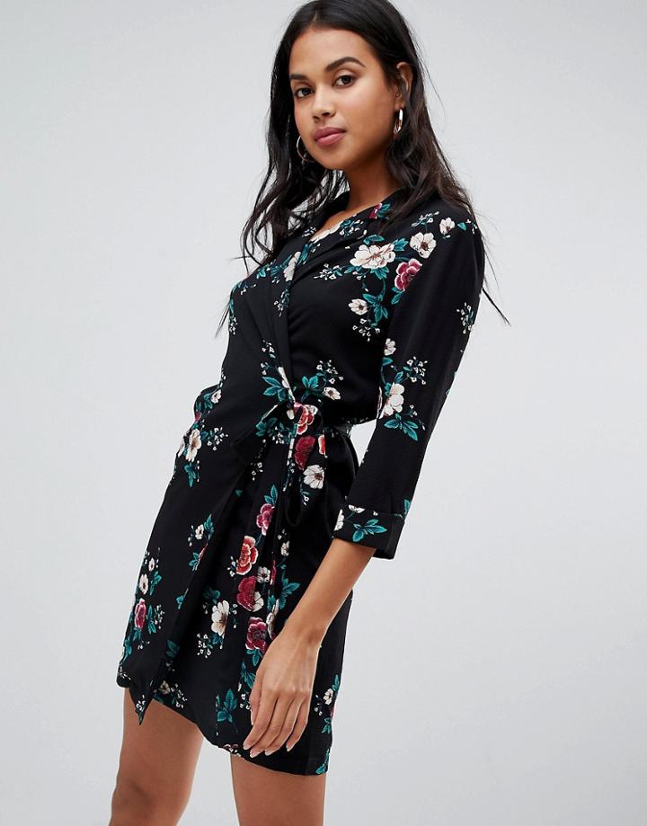 Glamorous Rose Print Wrap Dress-black