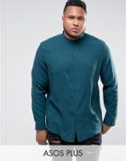 Asos Plus Regular Fit Tencel Shirt With Grandad Collar In Teal - Green