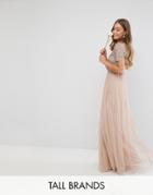 Maya Tall V Neck Maxi Tulle Dress With Tonal Delicate Sequins - Brown