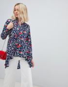 Influence Floral Print Dim Hem Peplum Shirt - Black