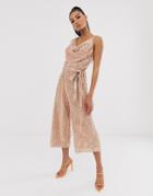 Lavish Alice Sequin Embellished Cowl Neck Culotte Jumpsuit In Rose Gold