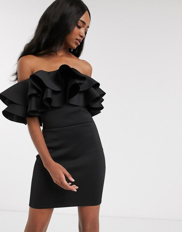 True Violet Exclusive Exaggerated Frill Bardot Mini Dress In Black