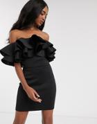 True Violet Exclusive Exaggerated Frill Bardot Mini Dress In Black