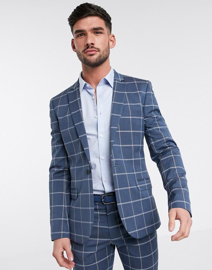 Asos Design Super Skinny Suit Jacket In Light Blue Windowpane Check