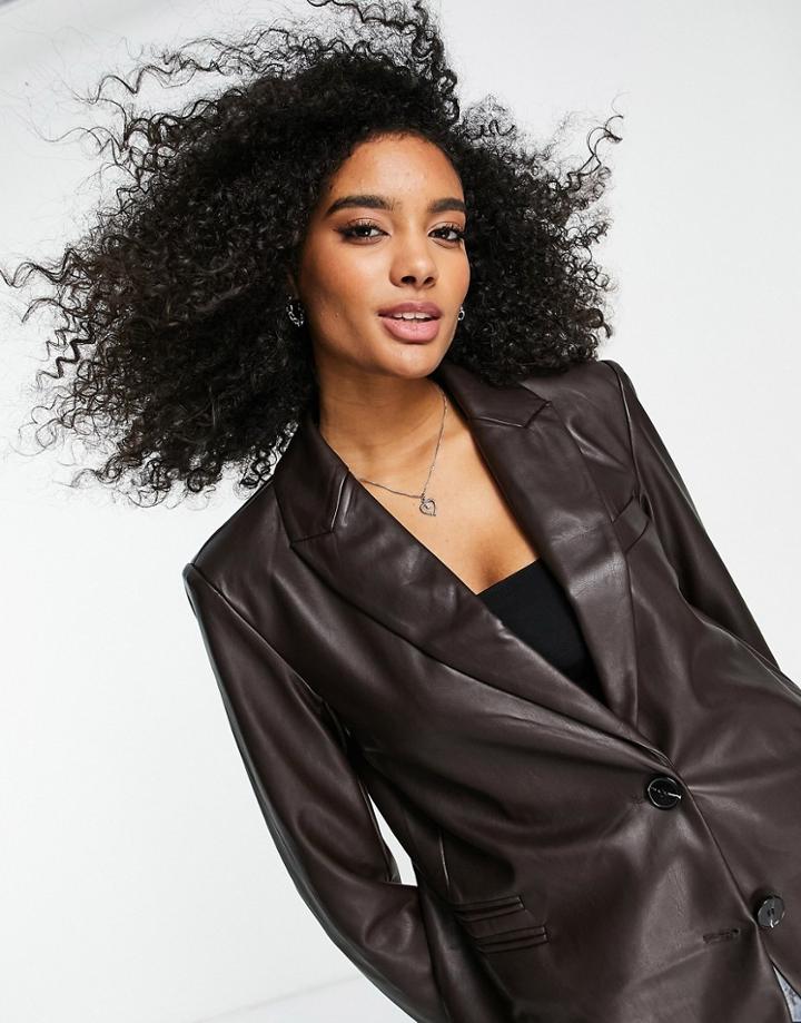 River Island Faux Leather Oversized Blazer In Dark Brown