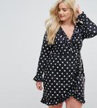Asos Curve Wrap Front Tea Dress With Frill In Polka Dot - Multi