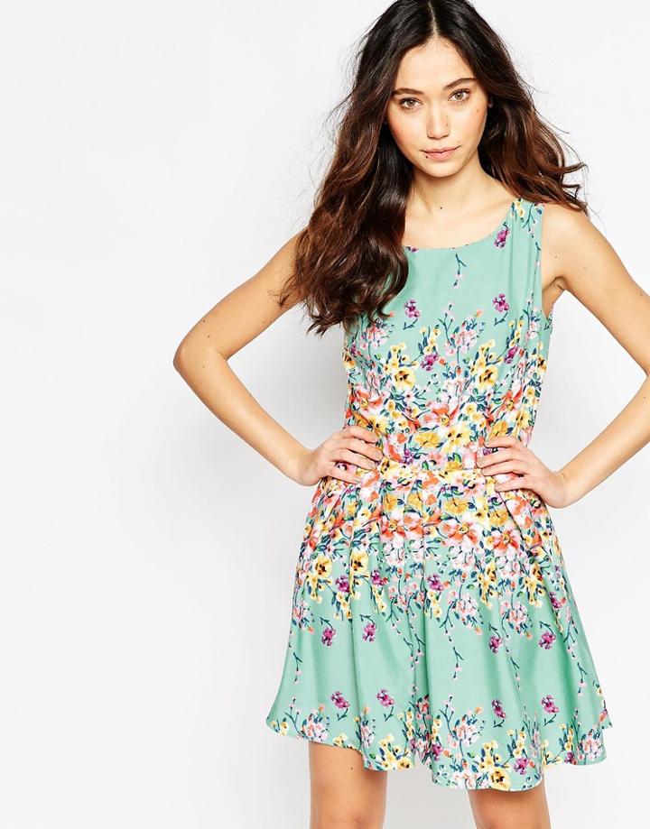 Iska Skater Dress In Floral Border Print - Mint