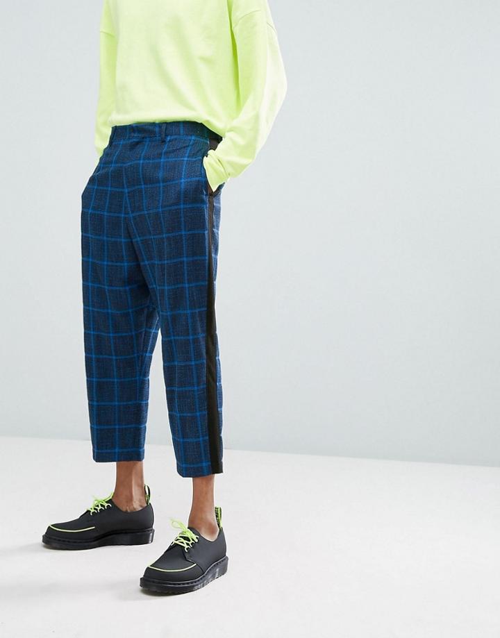 Asos Drop Crotch Tapered Suit Pants In Blue Oversized Check With Side Stripe - Blue