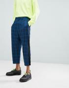 Asos Drop Crotch Tapered Suit Pants In Blue Oversized Check With Side Stripe - Blue