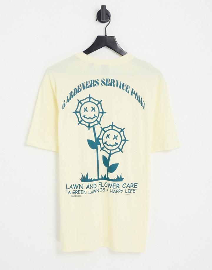 Only & Sons Oversized T-shirt With Flower Smiley Back Print In Pastel Yellow