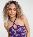 Collusion Knit Warped Butterfly Print Crop Top In Purple