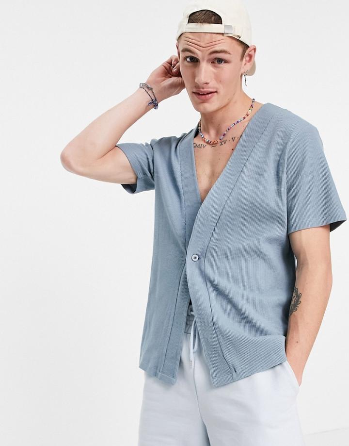 Asos Design Oversized Waffle Wrap Jersey Shirt In Blue Gray-blues