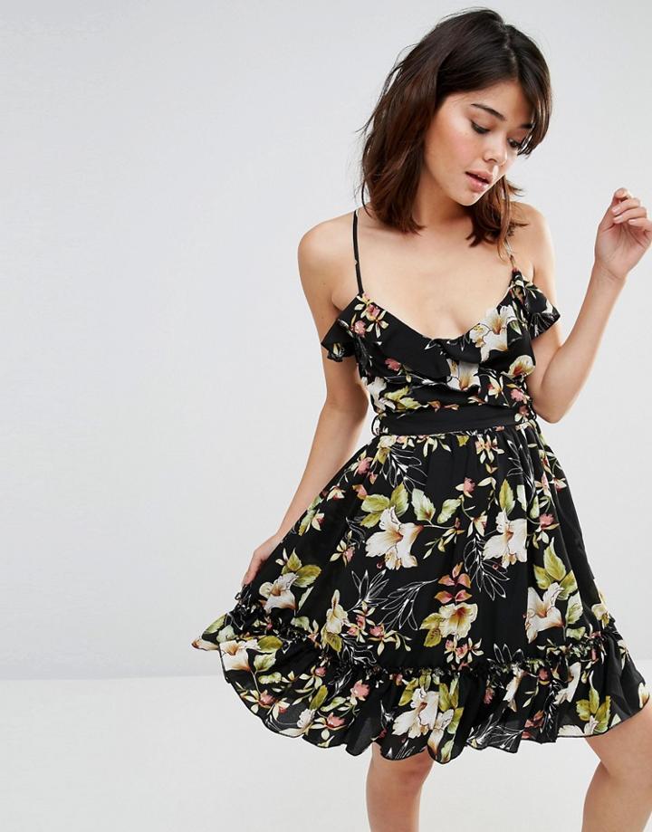 Parisian Cami Skater Dress In Floral Print - Black