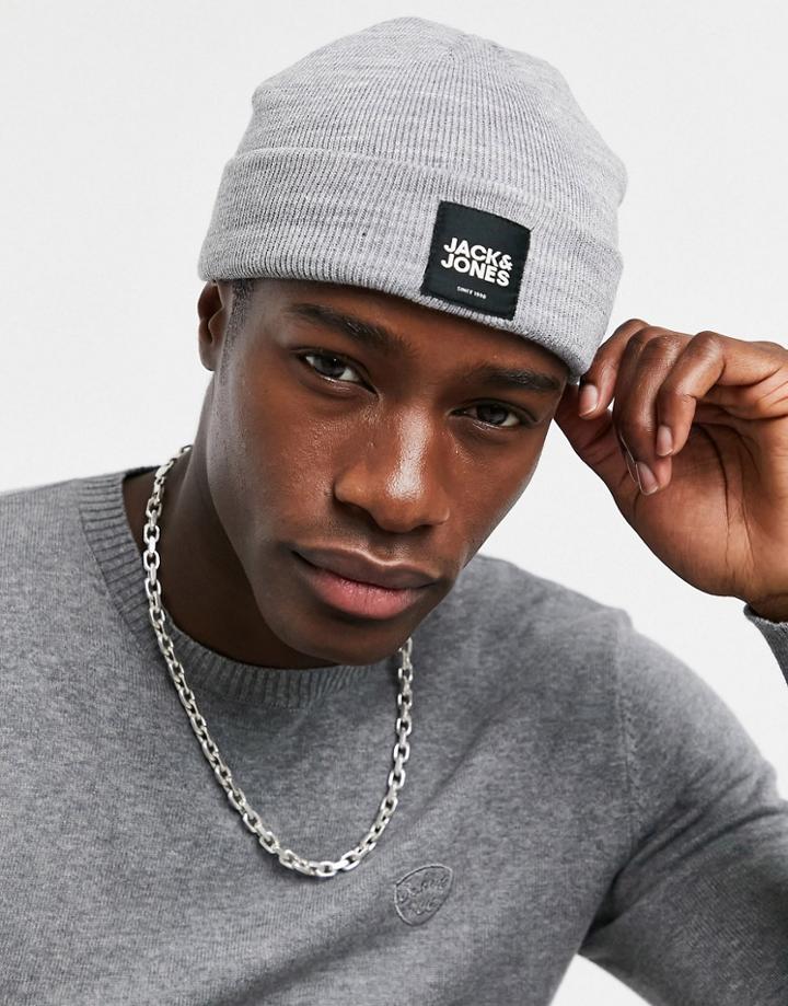 Jack & Jones Beanie With Black Logo Badge In Gray Heather-grey