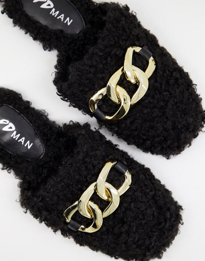 Public Desire Man Ranger Curly Faux Fur Slippers In Black