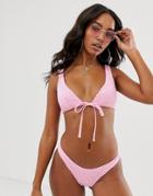 Asos Design Shirred Tie Front Triangle Bikini Top In Baby Pink - Pink