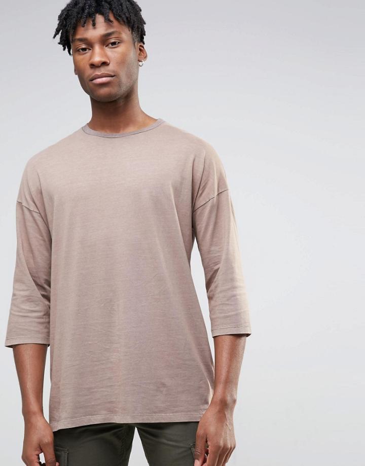 Asos Oversized 3/4 Sleeve T-shirt With Garment Dye And Contrast Neck In Tan - Brown
