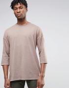 Asos Oversized 3/4 Sleeve T-shirt With Garment Dye And Contrast Neck In Tan - Brown