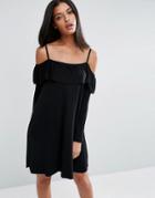 Asos Swing Dress With Frill Cut Out Shoulder Detail - Black