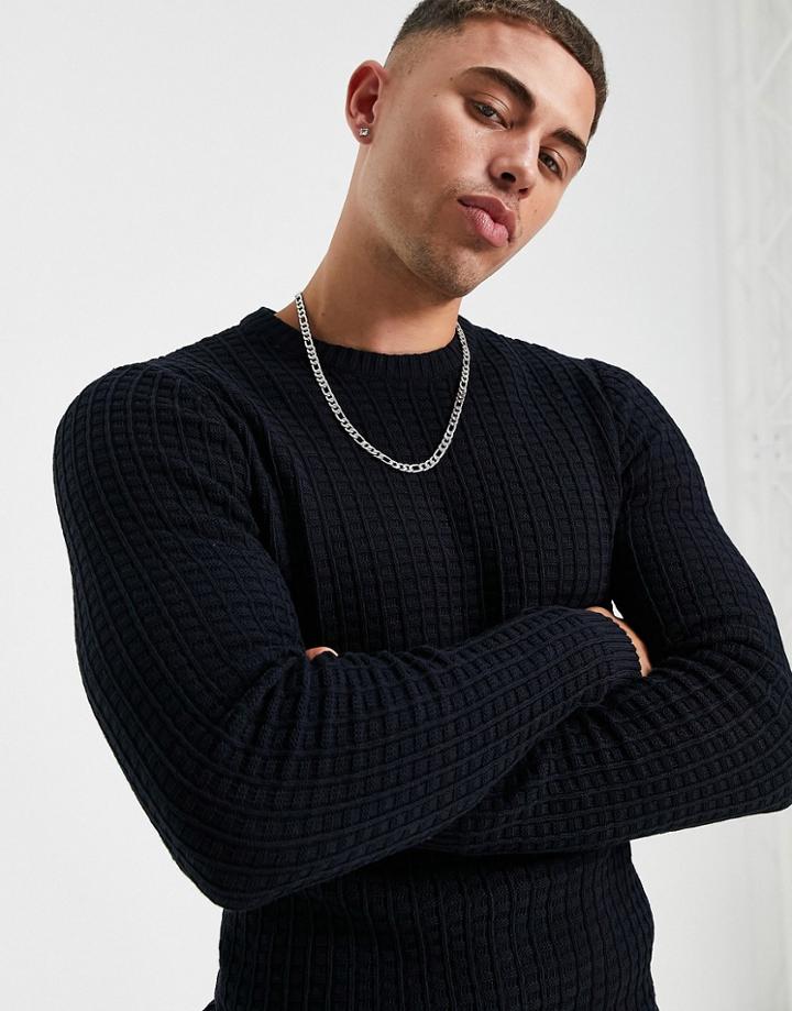 Asos Design Muscle Fit Waffle Texture Sweater In Navy