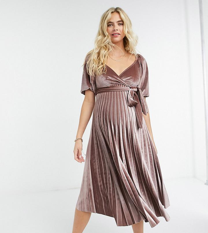 Asos Design Maternity Puff Sleeve Velvet Wrap Pleat Midi Dress In Dusky Pink