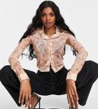 Asos Design Tall Mesh Shirt In Brown Floral Renaissance Print