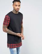 Asos Super Longline T-shirt With Red Check Sleeve And Hem Extenders An