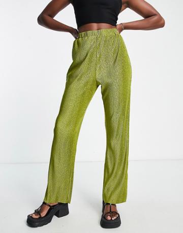 Lola May Plisse Pants In Chartreuse-green