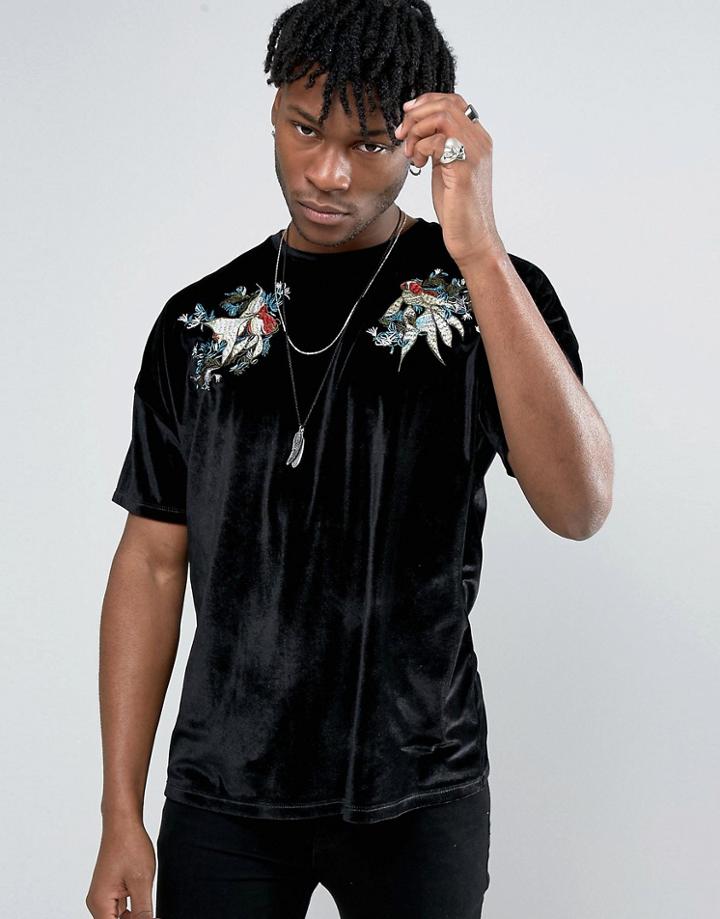 Asos T-shirt In Premium Velvet With Fish Embroidery - Black