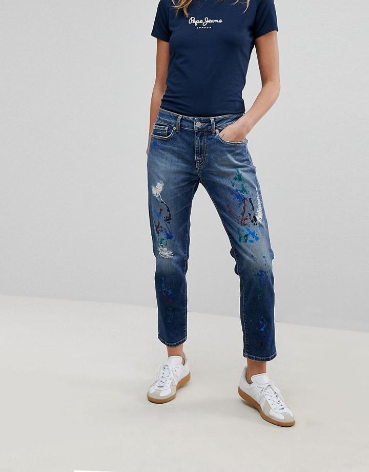 Pepe Jeans Mid Rise Straight Leg Jean With Paint Splatter - Blue