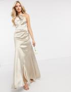 Asos Design Bridesmaid Satin Halter Maxi Dress With Paneled Skirt And Keyhole Detail-neutral