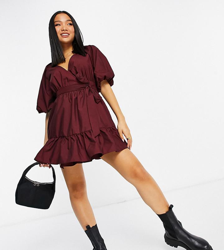Asos Design Petite Wrap Cotton Mini Dress In Oxblood-red