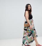 Asos Design Curve Maxi Skirt With High Low Hem In Postcard Print-multi