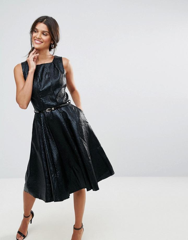 Closet Textured Pleat Neck Belted Dress - Black